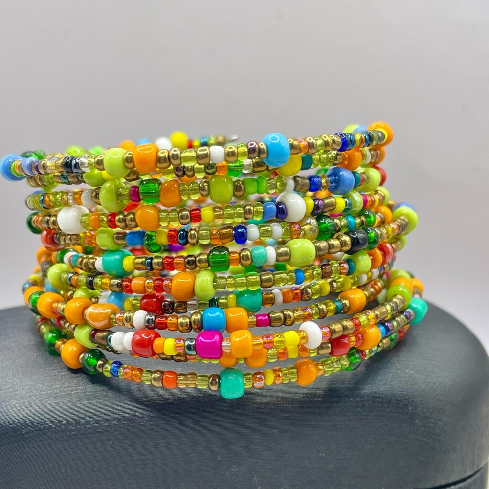Multi Color Seed Bead Memory Wire Wrap Bracelet